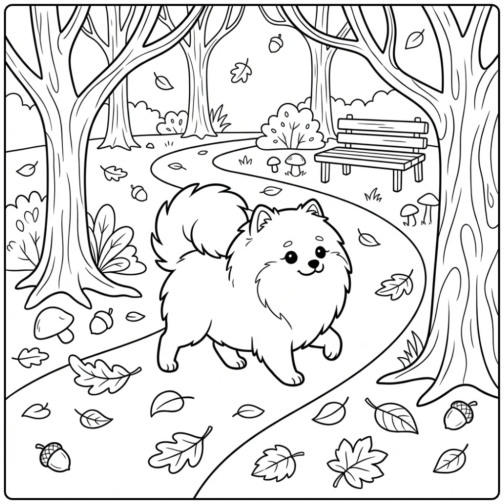 Realistic Pomeranian coloring page of a dog walking in a park.