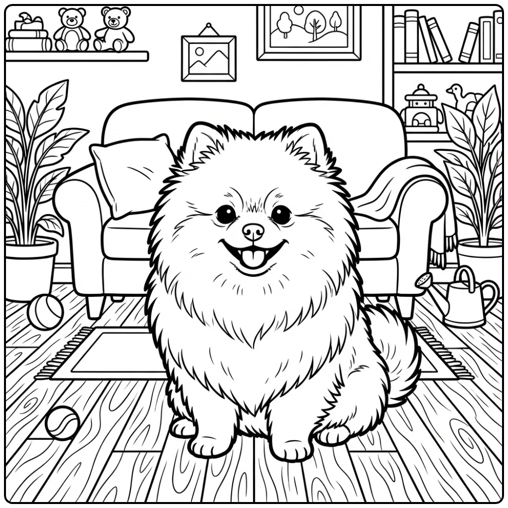 Realistic Pomeranian coloring page of a dog sitting indoors.