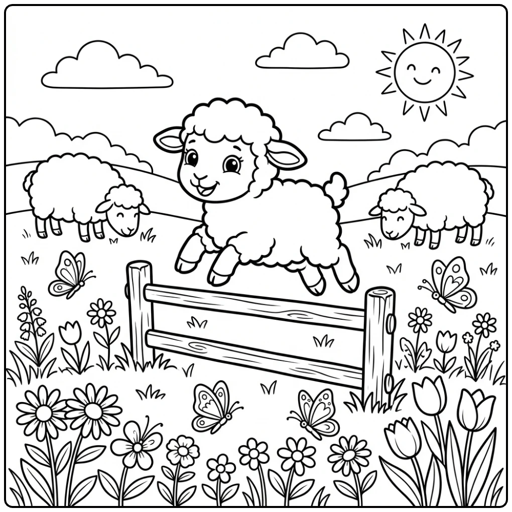 Jumping lamb scene in this Sheep coloring page for kids.