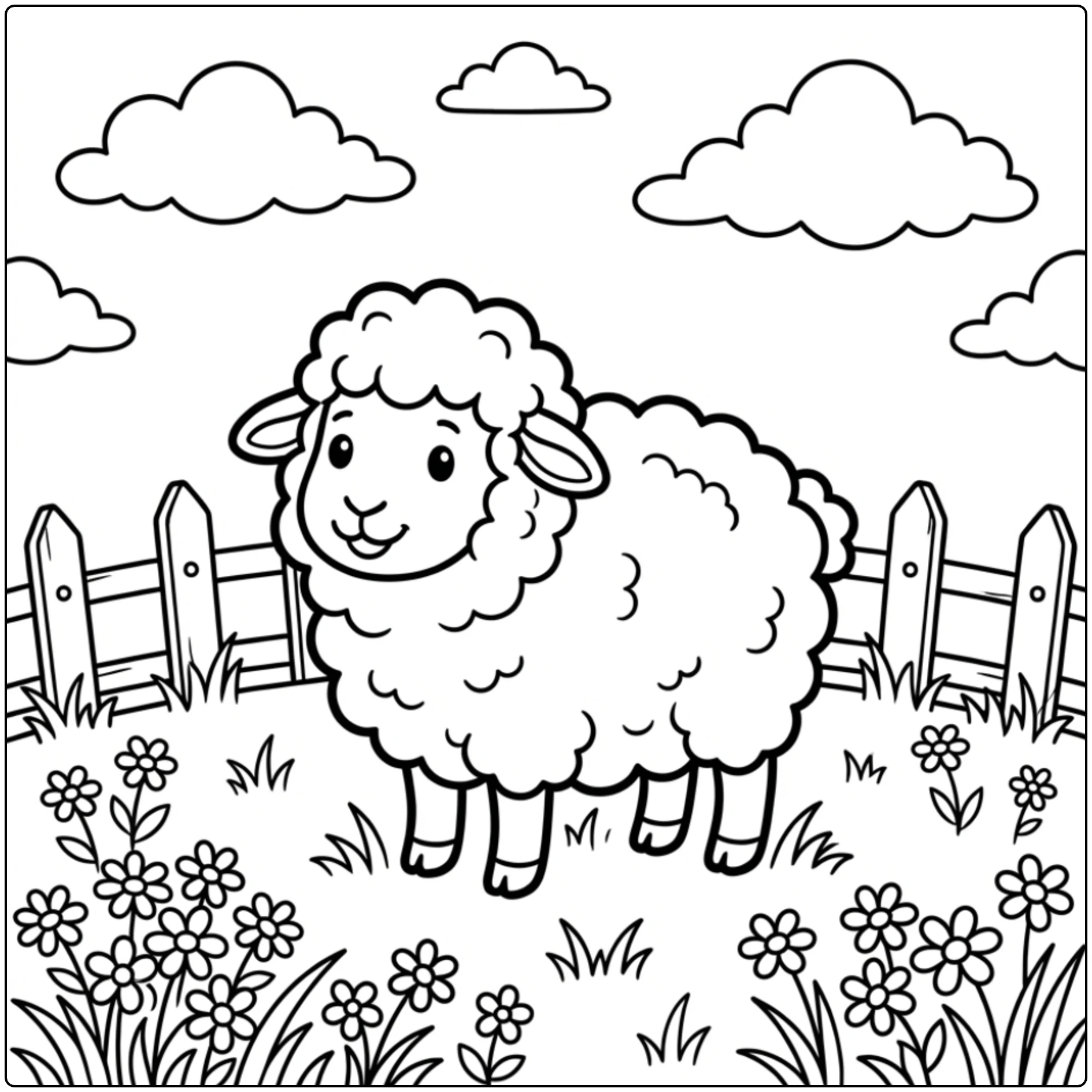 Cute fluffy Sheep coloring page standing in a flower meadow.