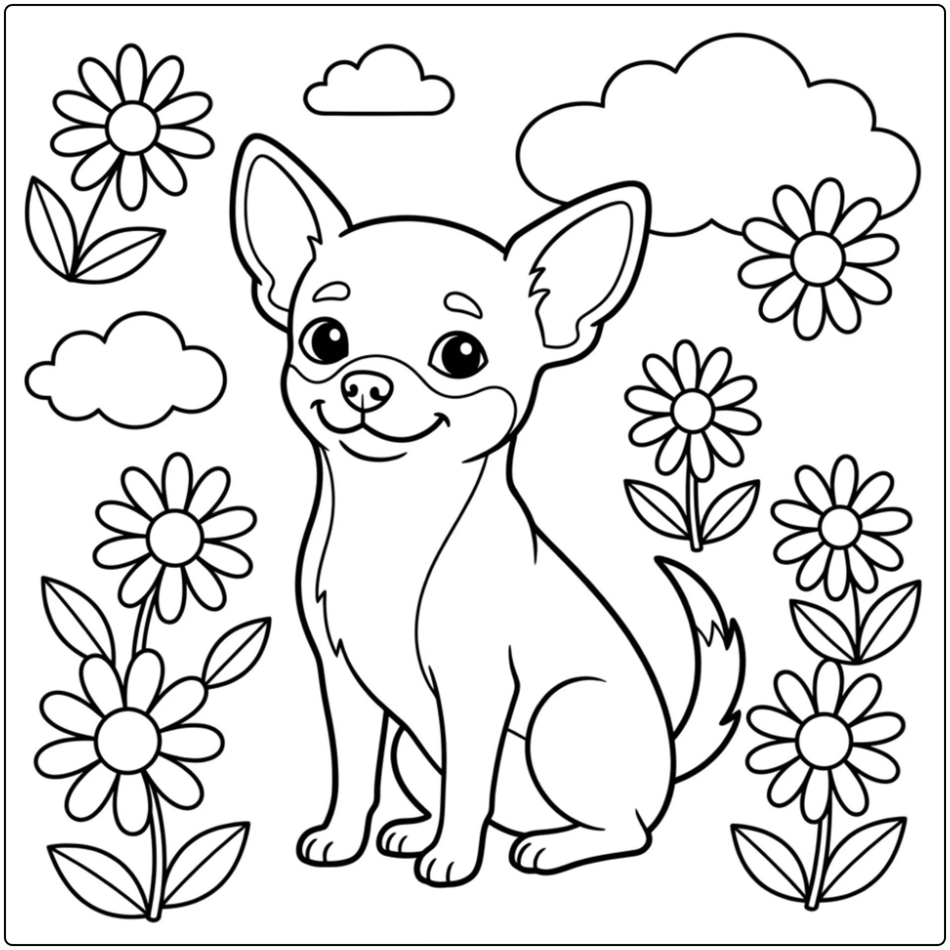 Cute Simple Chihuahua coloring page with flowers and clouds.