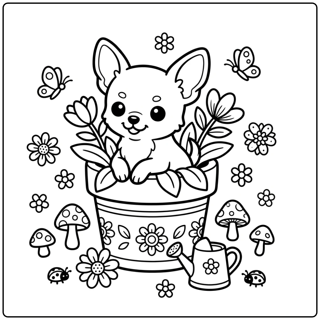 Cute Teacup Chihuahua coloring page sitting in a flower pot.