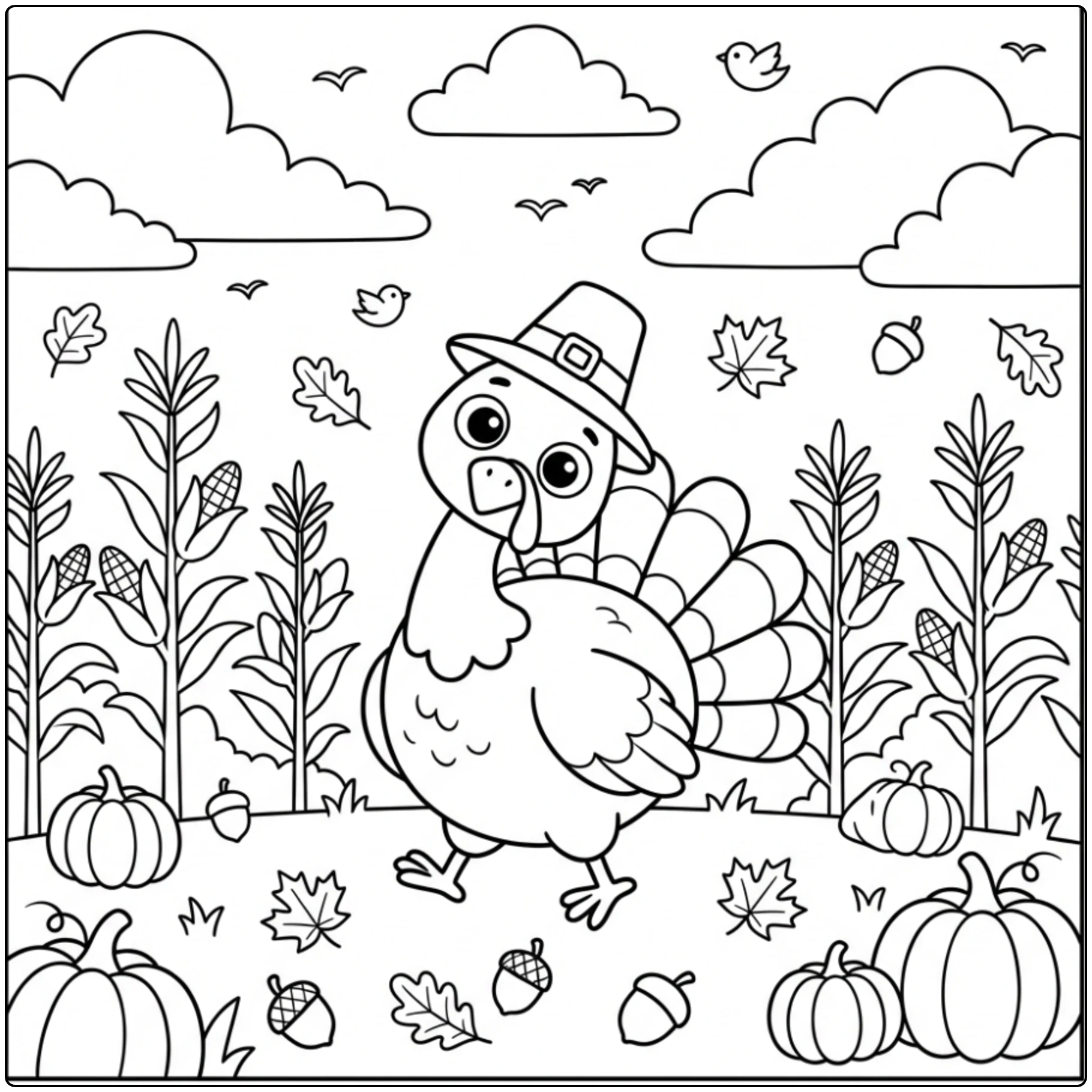 Cute Turkey coloring page walking in corn field with leaves.