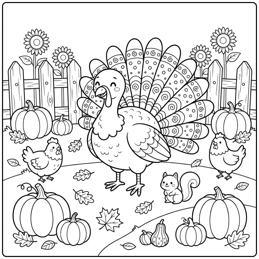 Cute cartoon Turkey coloring page in a farmyard with pumpkins.