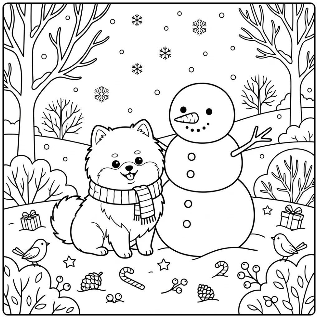 Cute Winter Pomeranian coloring page with scarf and snowman.