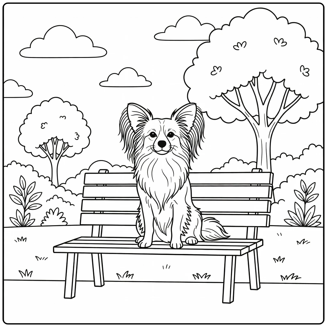 A proud Papillon on a park bench, a fun papillon coloring page.