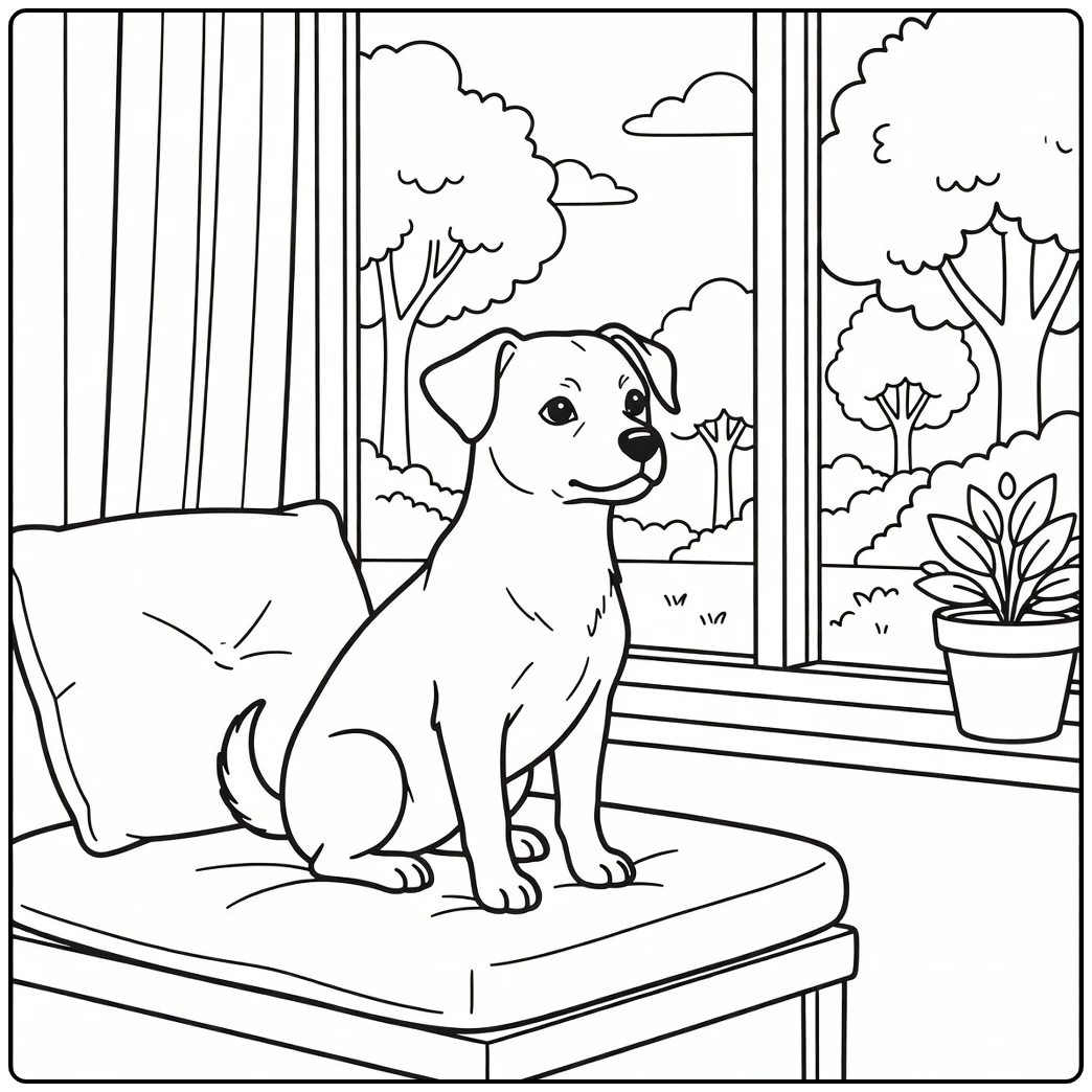 Cute small dog coloring page on a cozy window seat looking out.