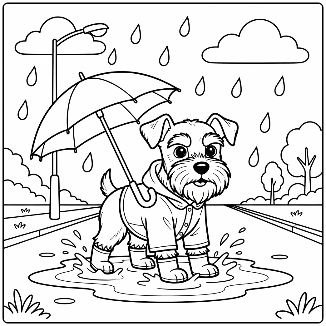 Mini schnauzer coloring page: Puppy in raincoat splashing in puddle.