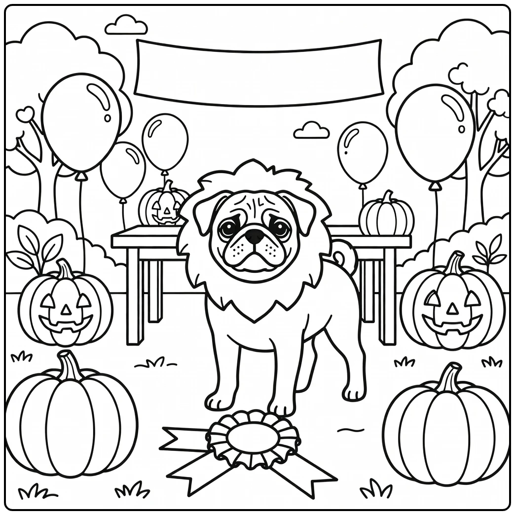 Cute Pug in lion costume at a halloween dog coloring page contest.