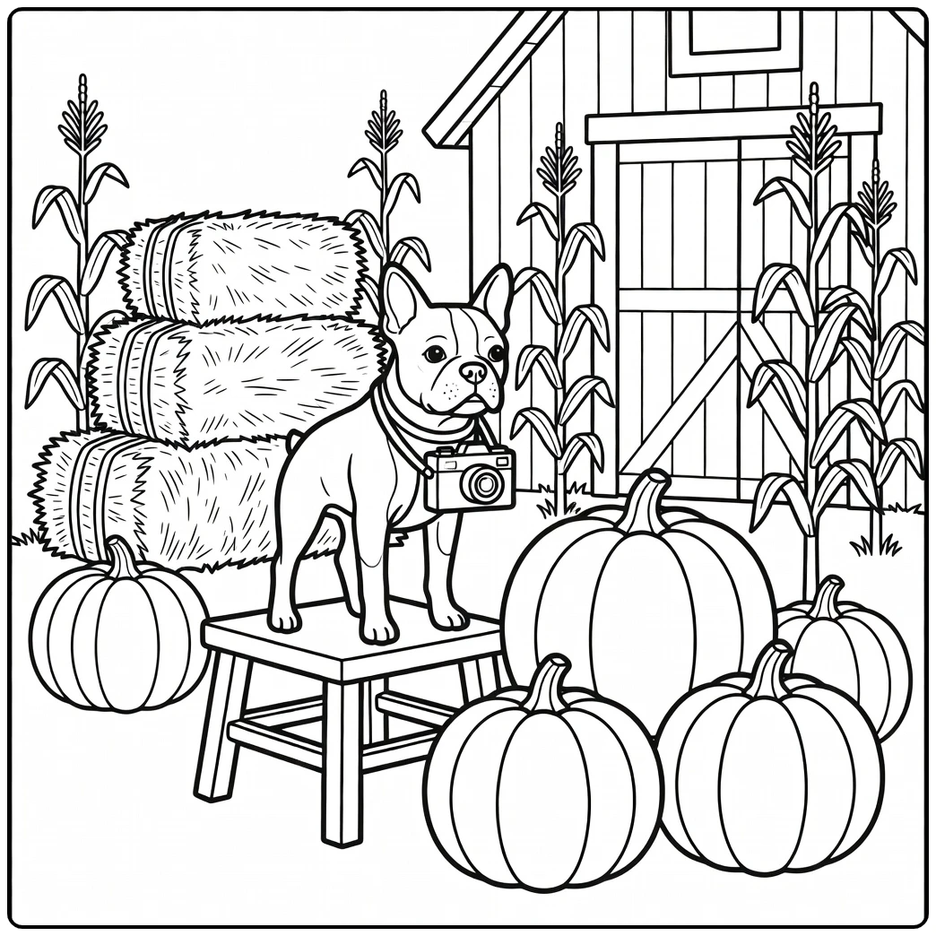 Boston Terrier halloween dog coloring page, photographer outfit, pumpkin.