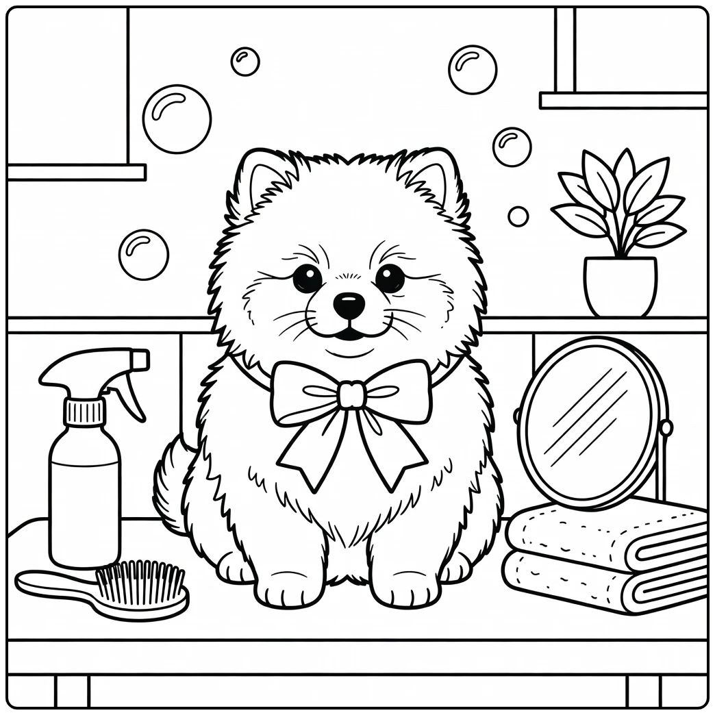 Fluffy Pomeranian on a grooming table cute dog coloring page.