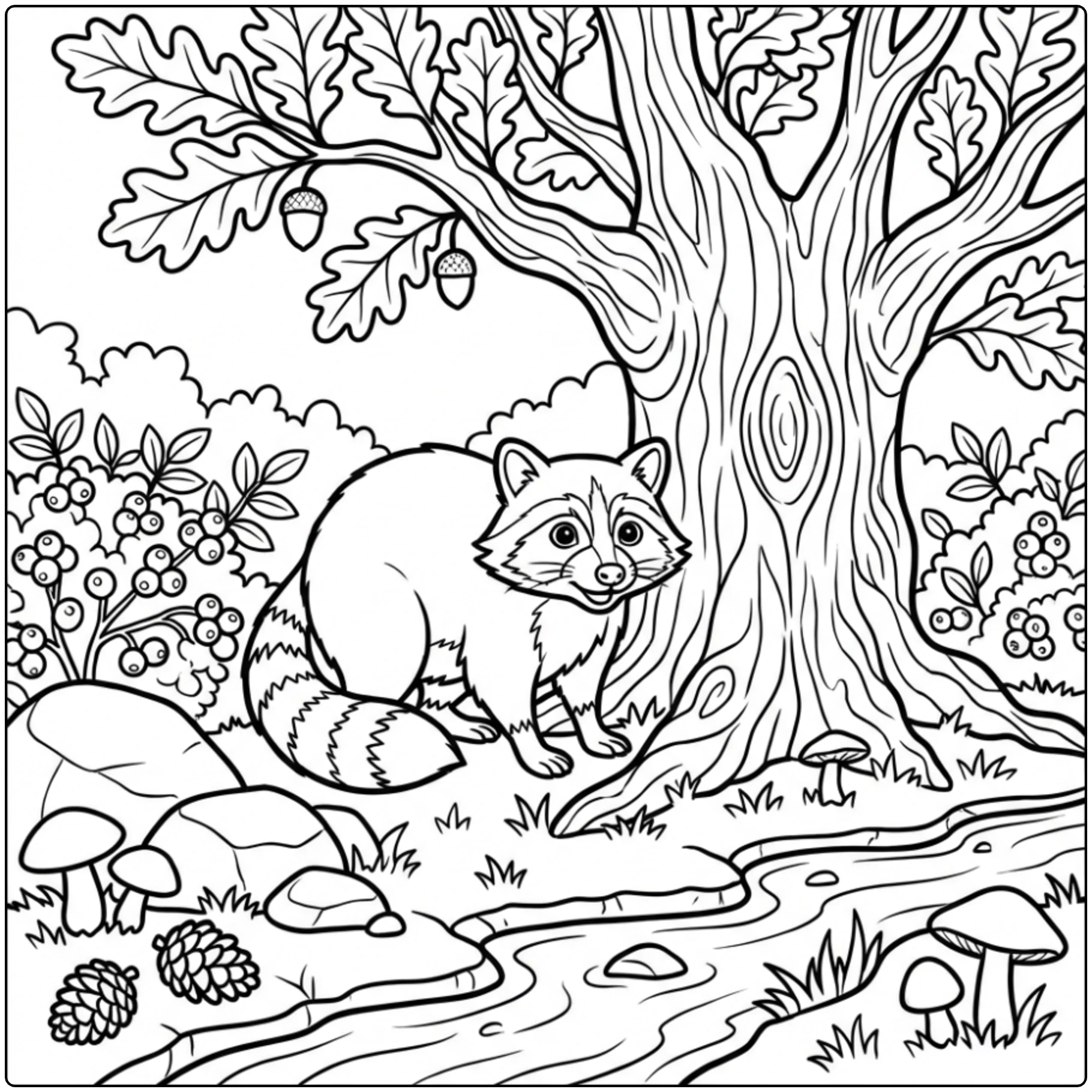 Cute raccoon by a tree Animal coloring page for kids.