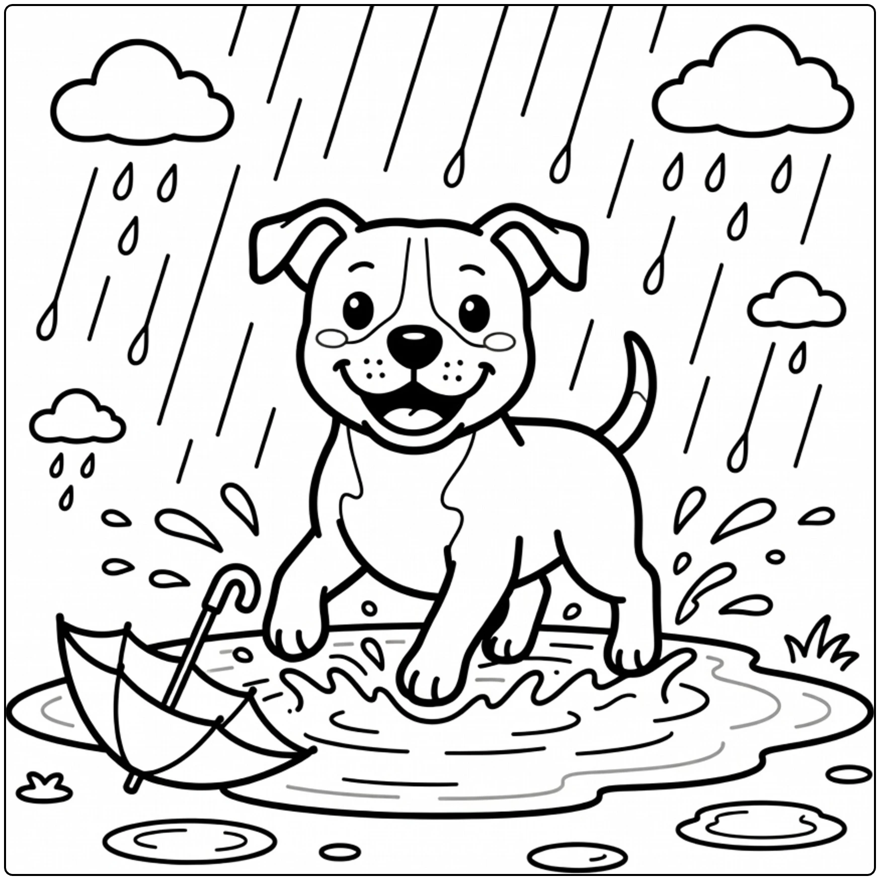 Cute American Staffordshire Terrier coloring page in puddle.