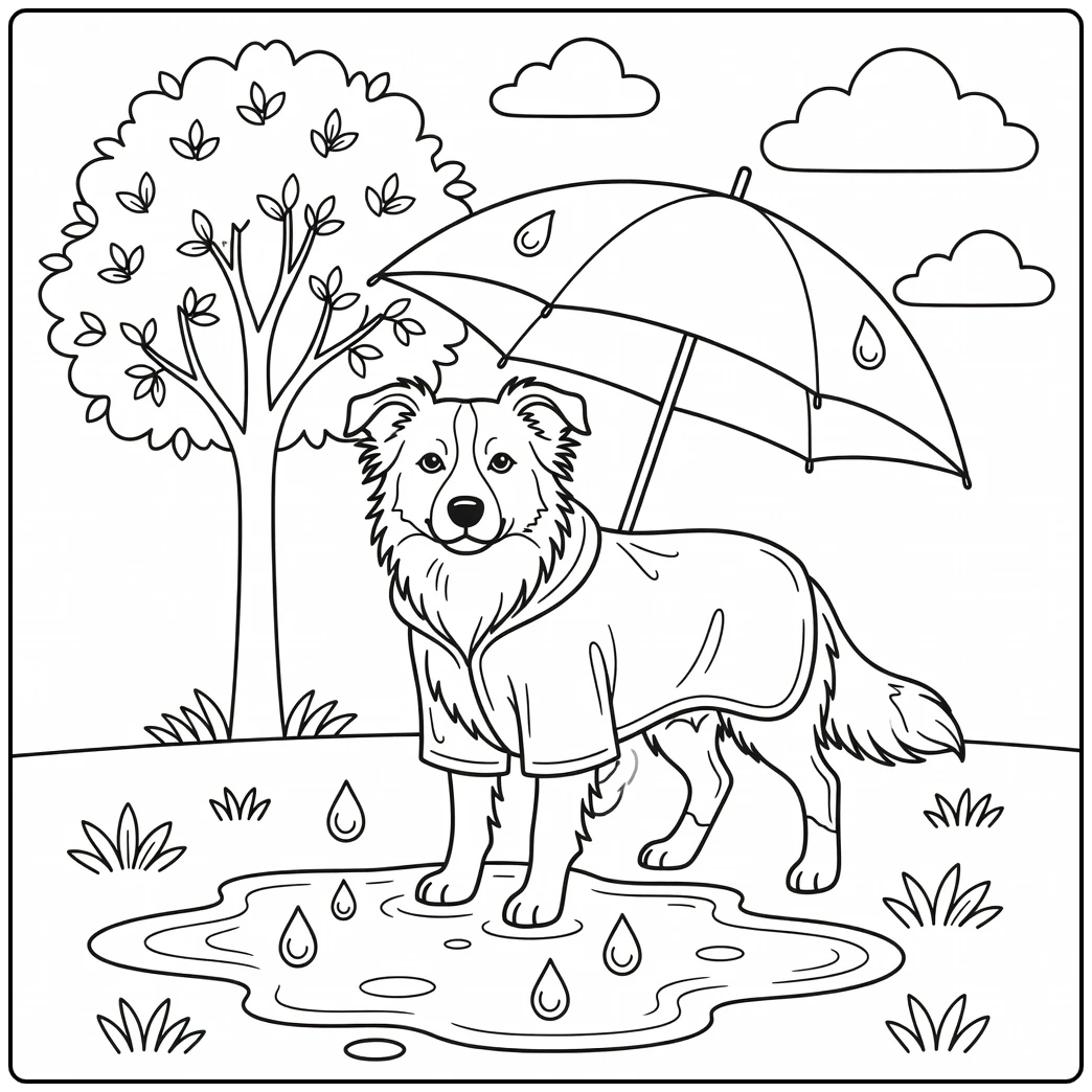Cute border collie coloring page with raincoat, umbrella, rain.
