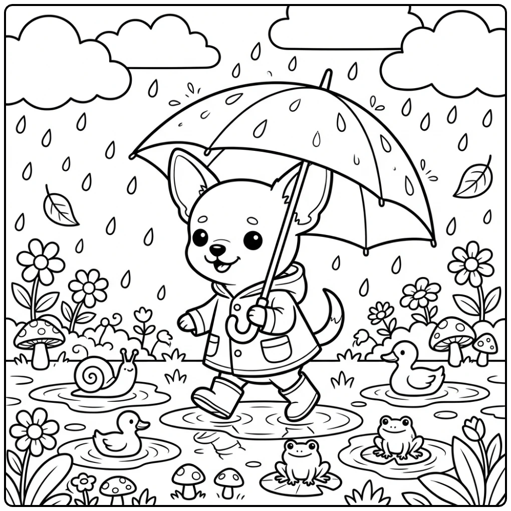 Cute Chihuahua coloring page walking under an umbrella.