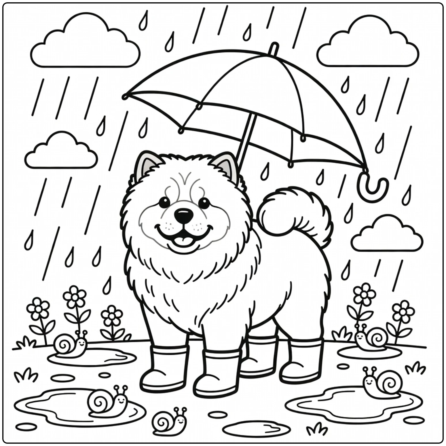 Cute rainy day Chow Chow coloring page with boots and umbrella.