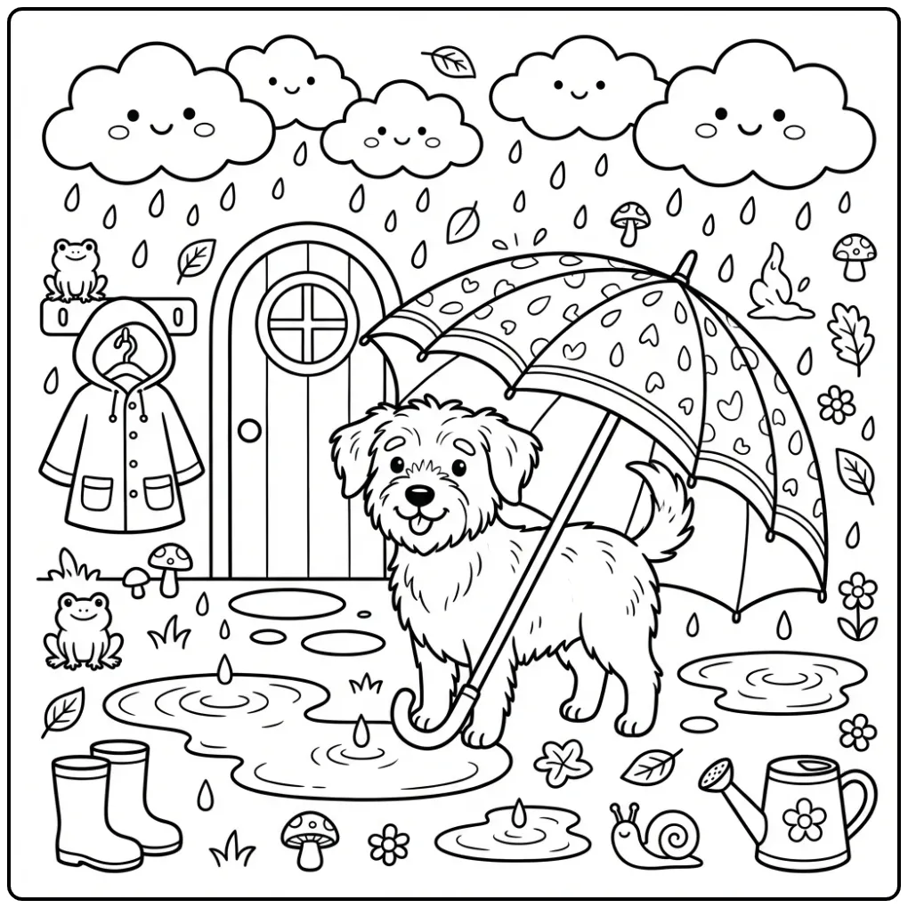 Cute Dog coloring page with umbrella and rain clouds