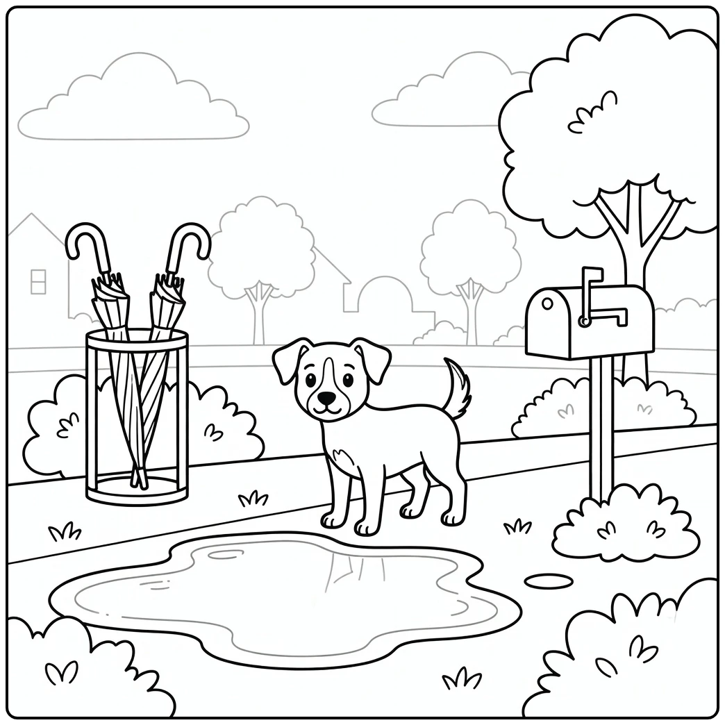 Curious small dog coloring page by a puddle in a quiet neighborhood