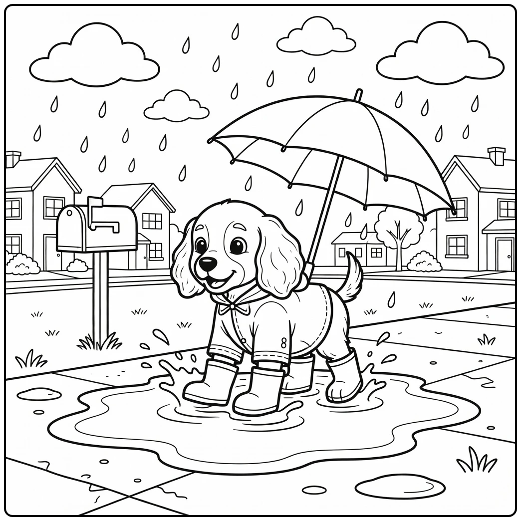 A cute cocker spaniel coloring page of a pup splashing in a puddle.