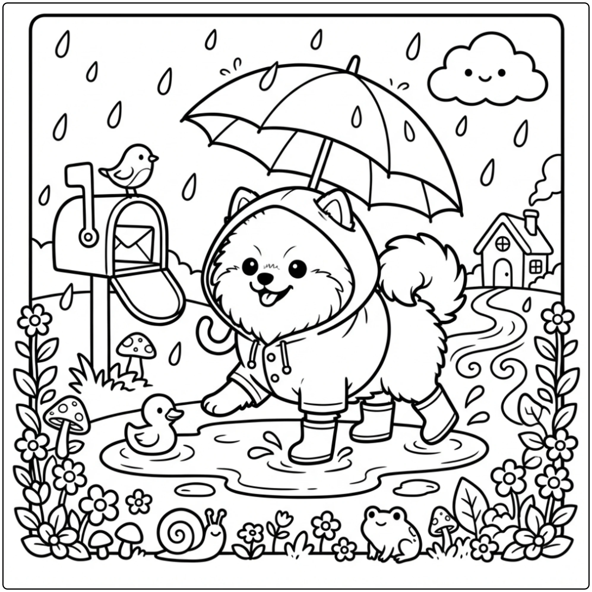 Cute puppy in raincoat Pomeranian coloring page.