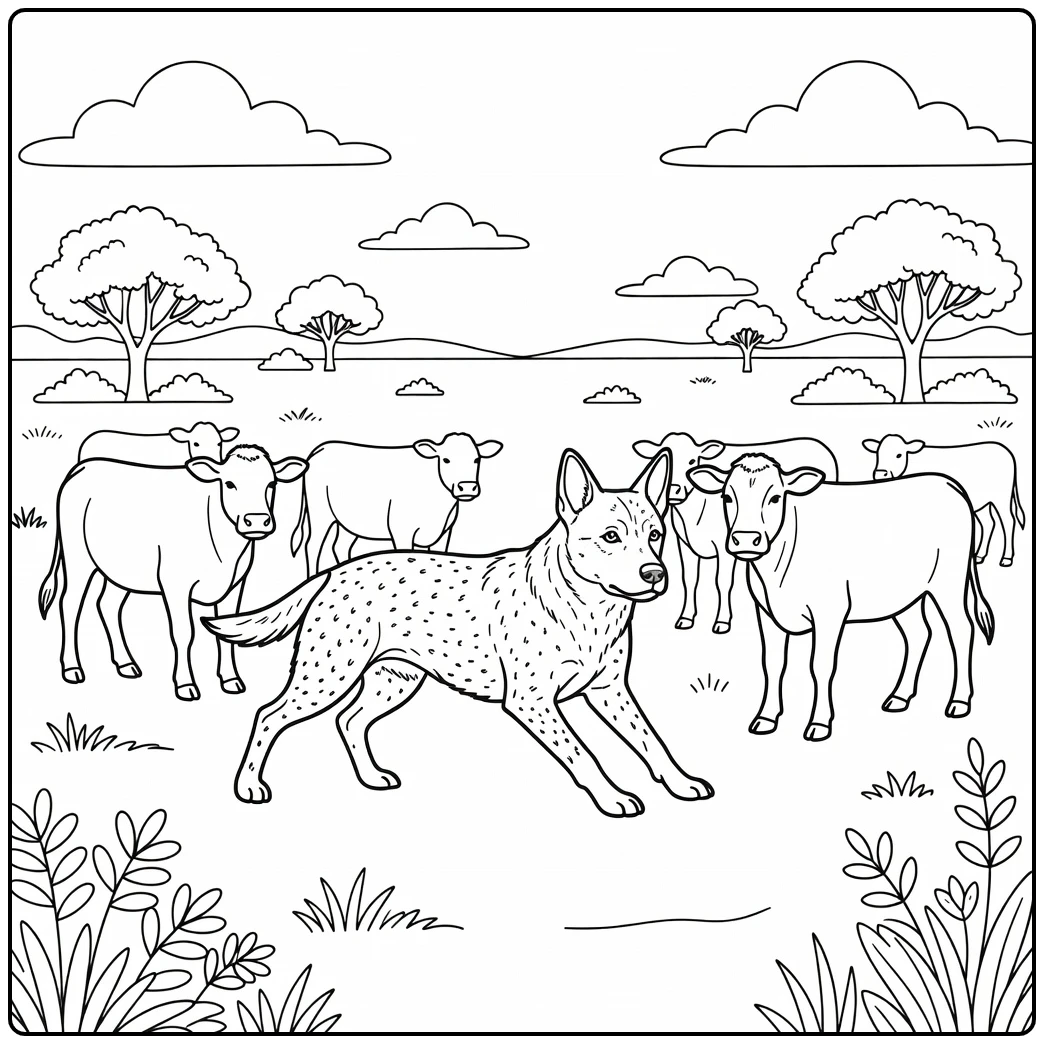 A focused australian cattle dog coloring page herding cows.