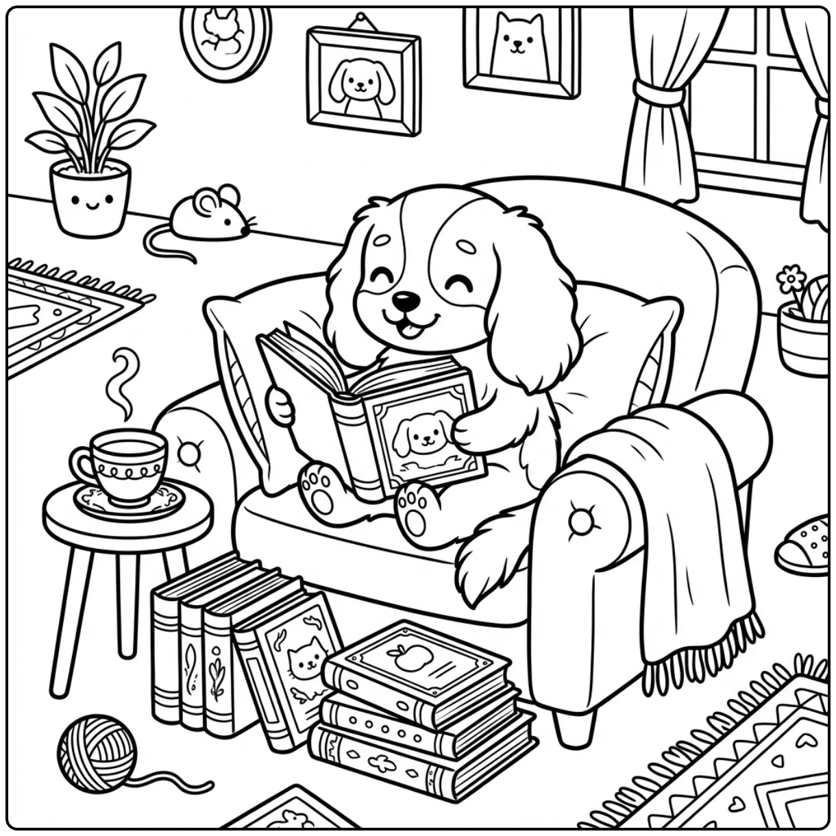 Cozy Cavalier King Charles Spaniel coloring page for kid.