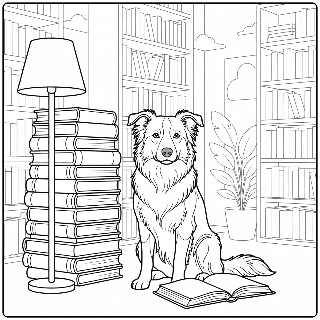Cute border collie coloring page in a cozy library nook.