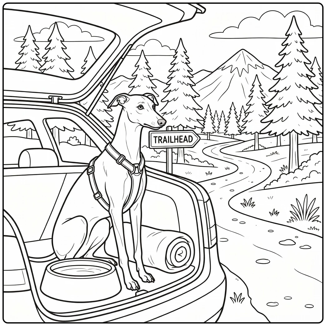 Greyhound coloring page: dog in car trunk at mountain trailhead.