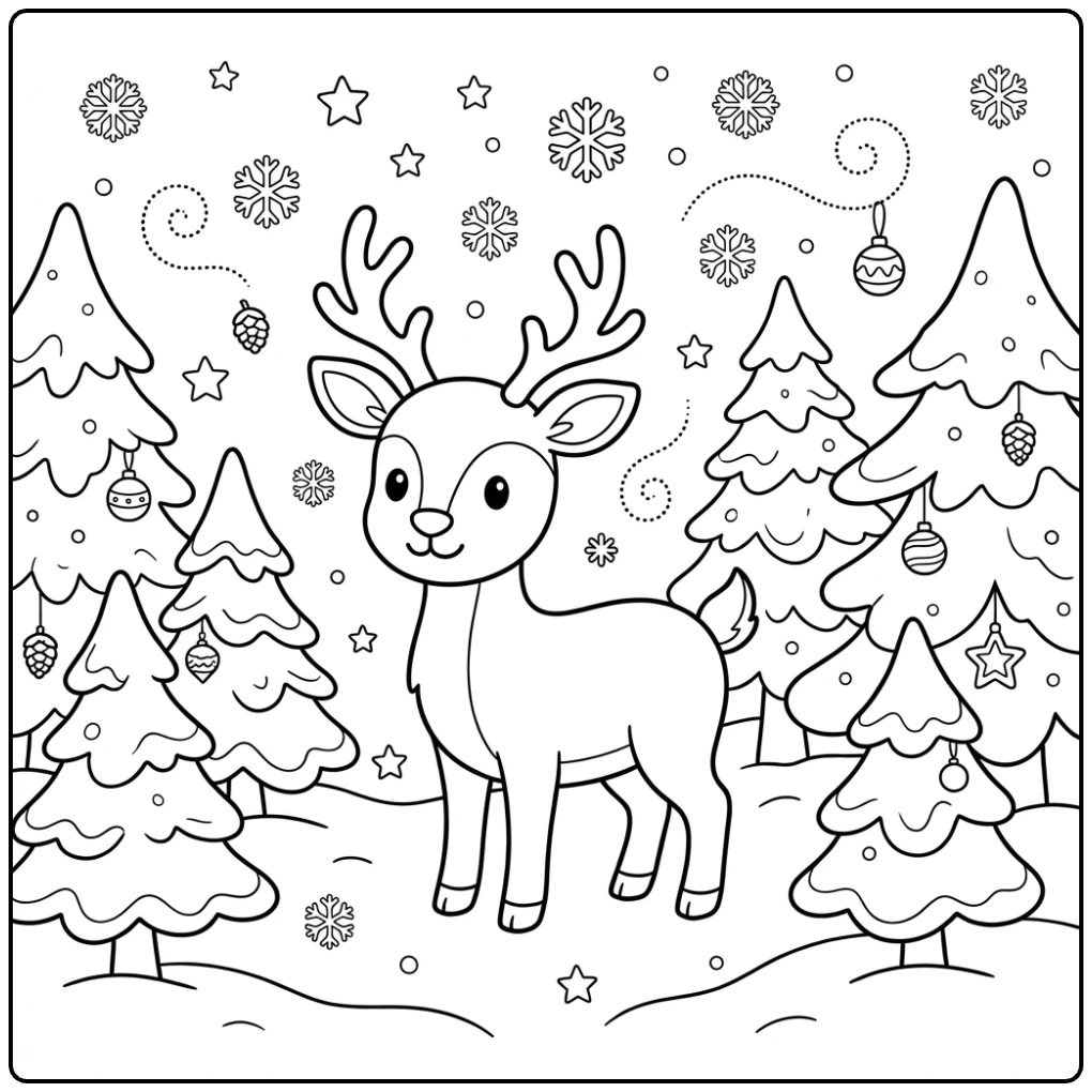 A cute reindeer in a snowy forest for a Winter Animal Coloring Page.