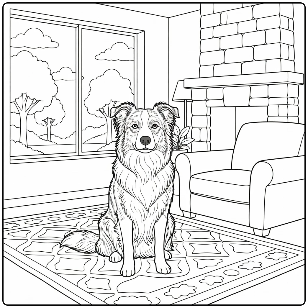 Cozy border collie coloring page with dog by fireplace and window