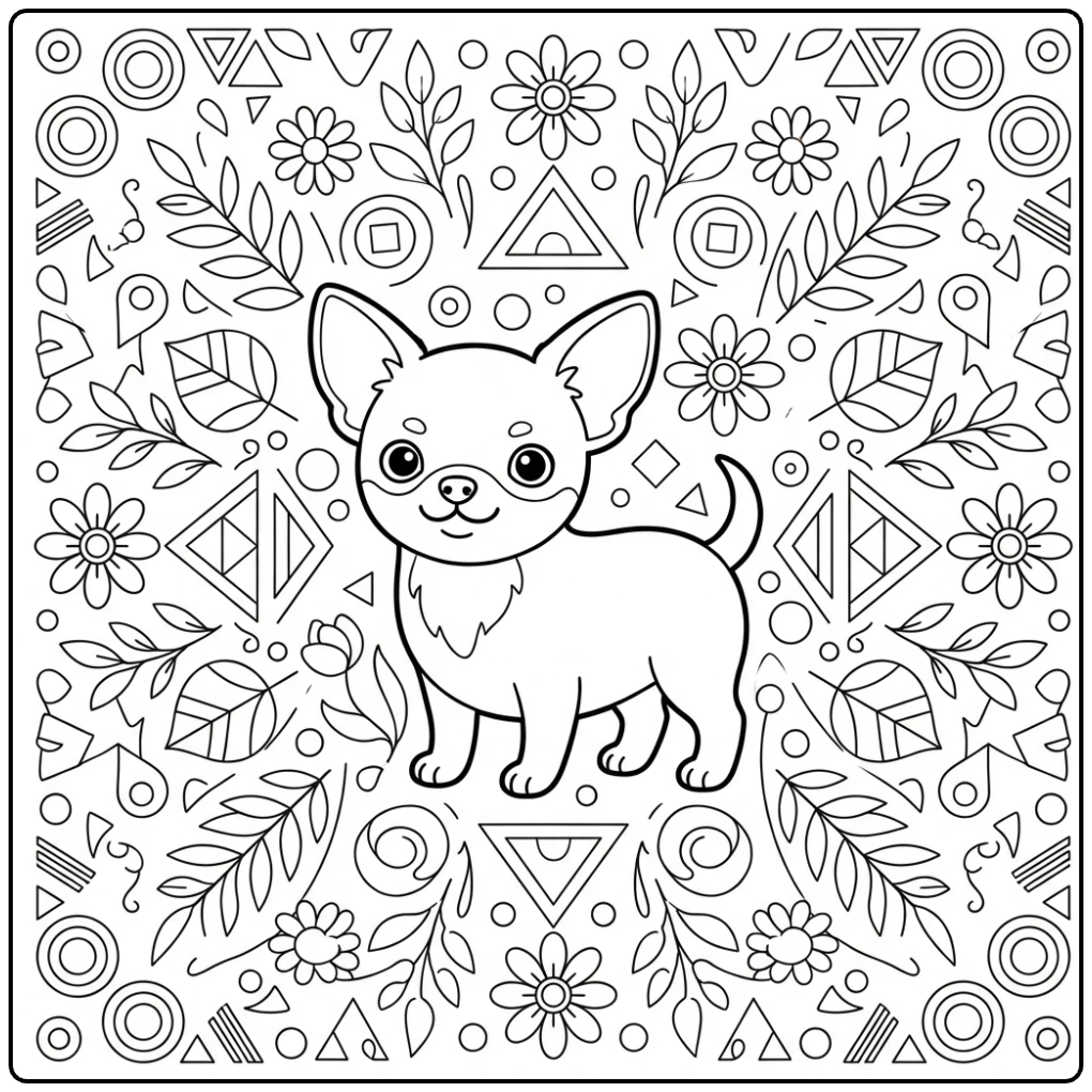 Chihuahua coloring page for adults with floral and geometric patterns.