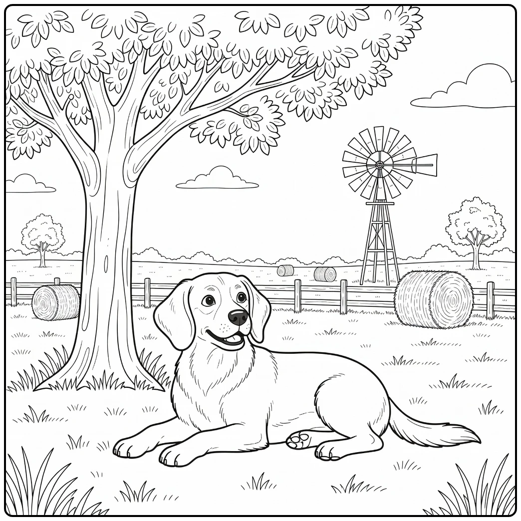 A cute dog on a farm, an easy dog coloring page for kids.