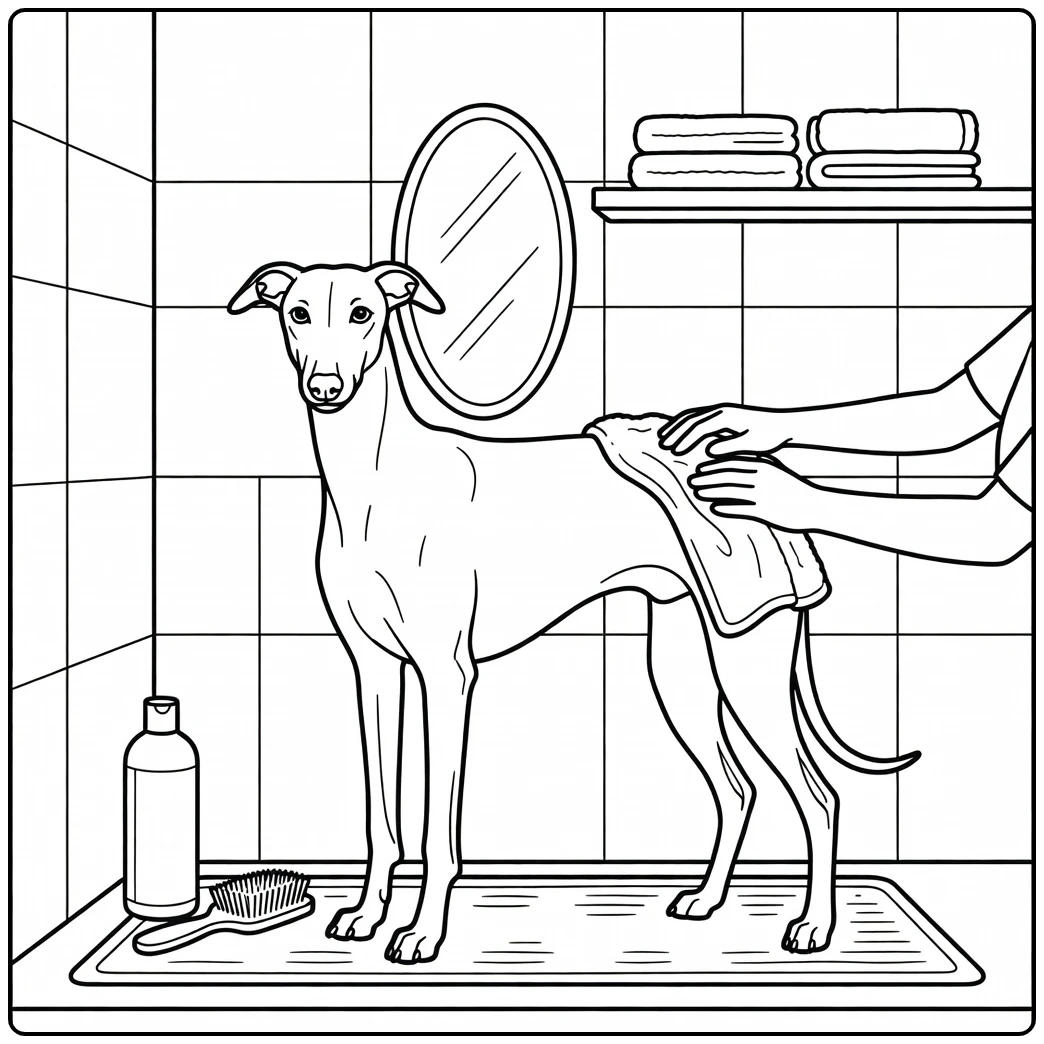 Greyhound coloring page: spa dog drying off after a bath.