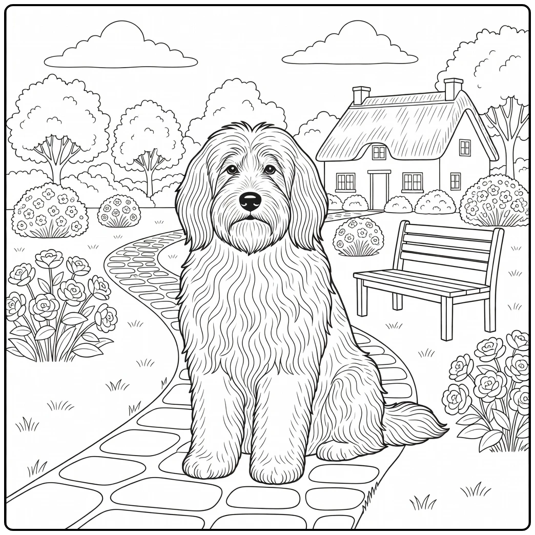 Charming old english sheepdog coloring page in a serene cottage garden.