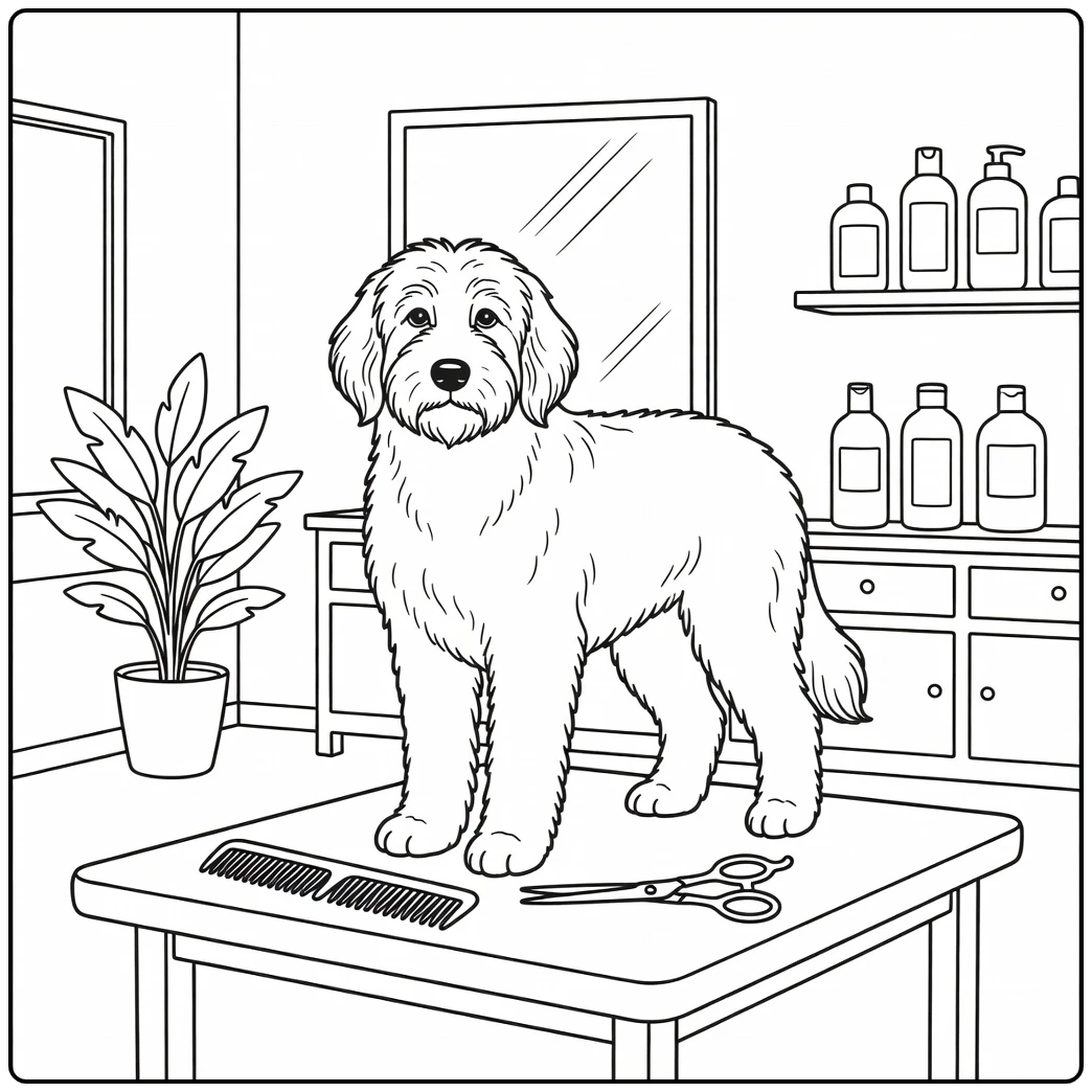 Old English Sheepdog coloring page: salon grooming day fun.