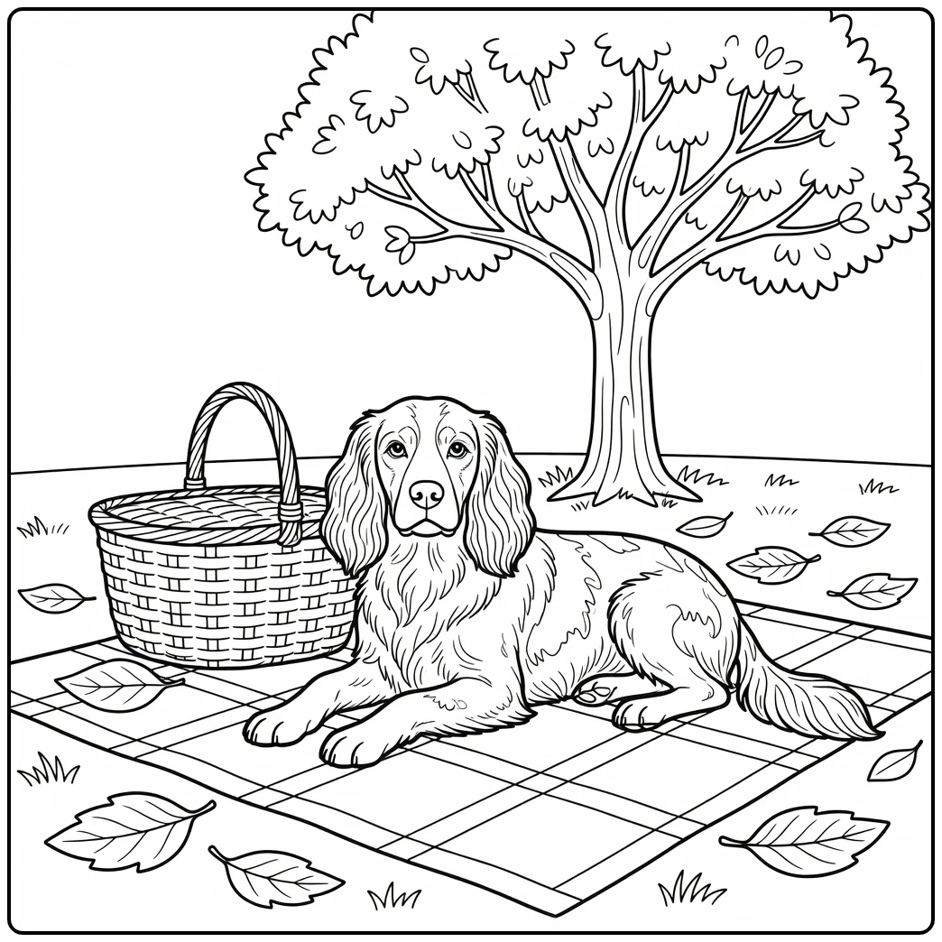 Calm springer spaniel coloring page on a picnic blanket in a park.