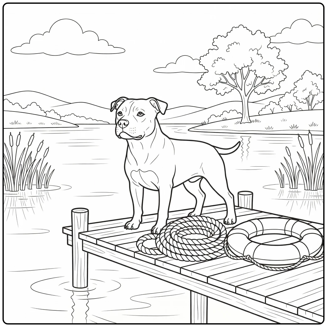 Staffordshire bull terrier coloring page: Dog on dock by lake.