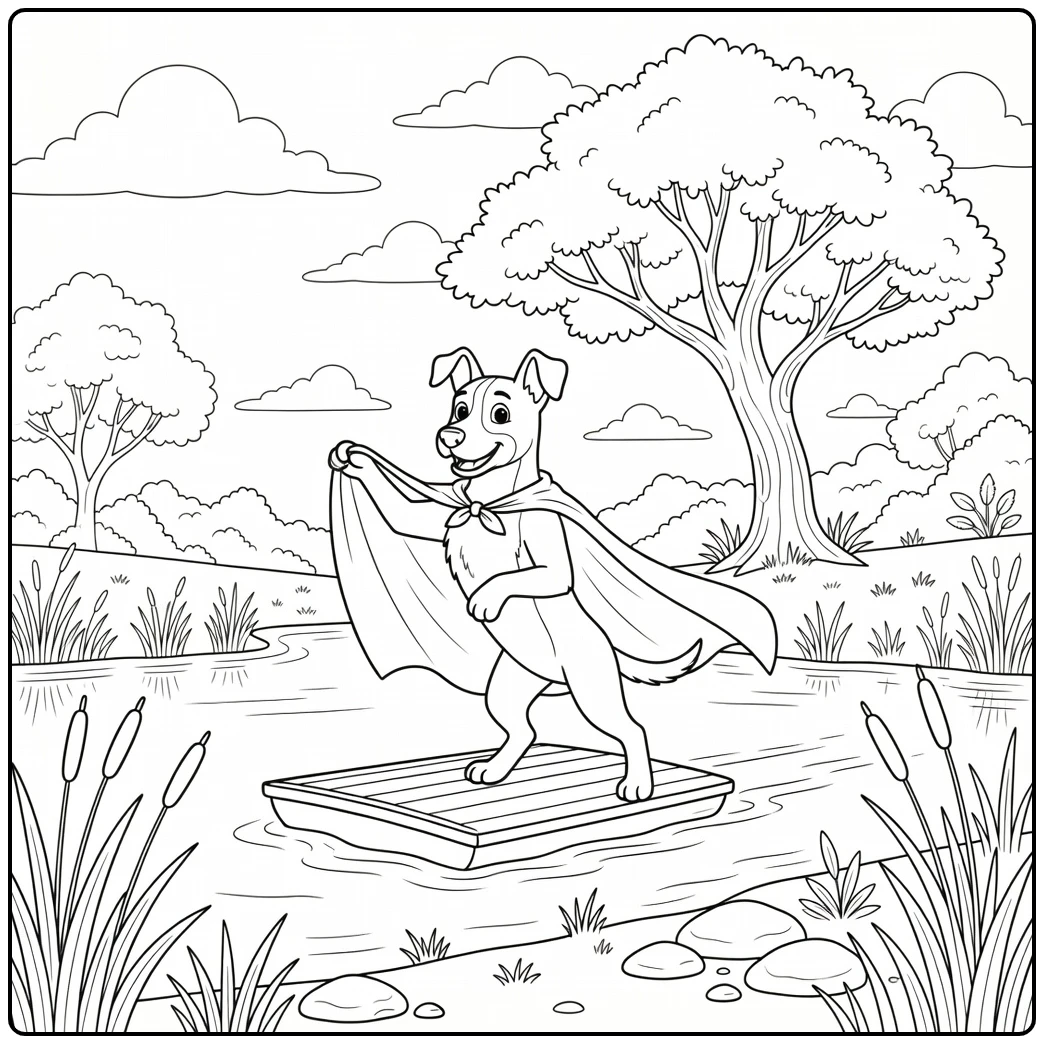 A heroic super dog coloring page featuring a raft rescue.