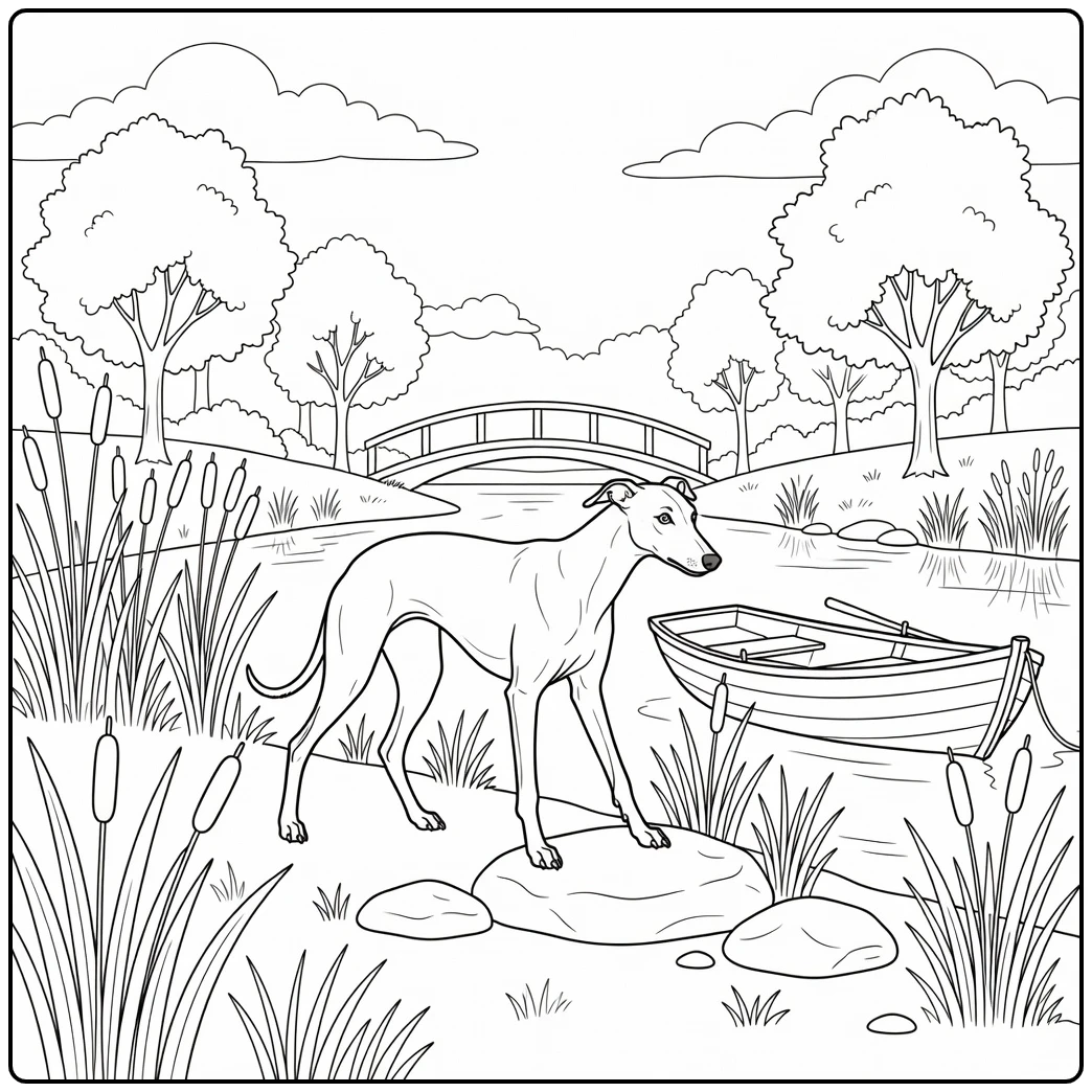 Graceful greyhound coloring page on a serene riverbank scene