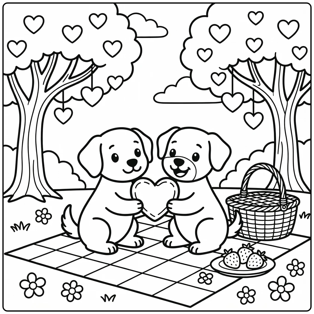 A sweet valentine dog coloring page of two pups on a picnic.