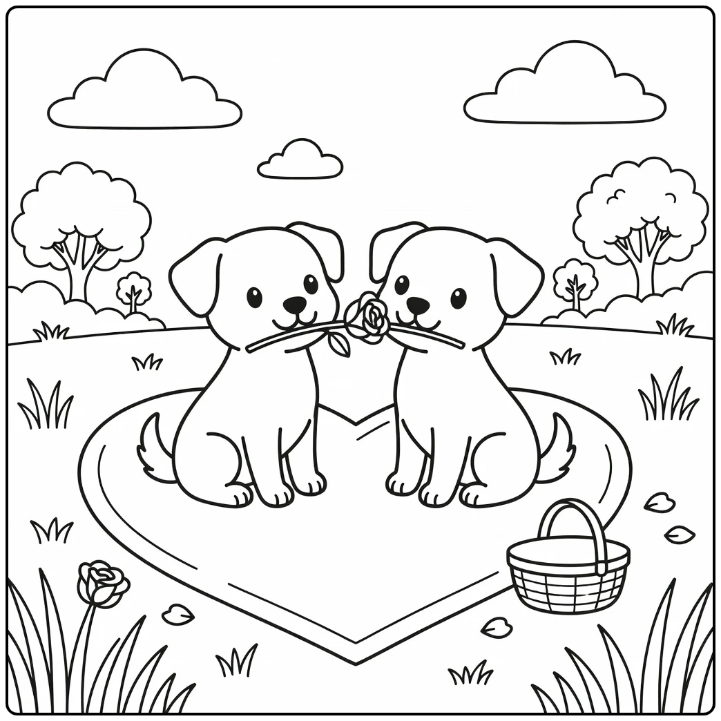 Two dogs on a heart blanket: a valentine dog coloring page.
