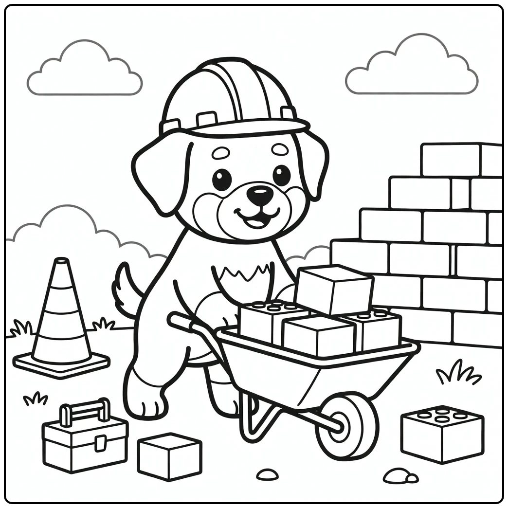 A cute dog coloring page of a Rottweiler puppy construction helper.