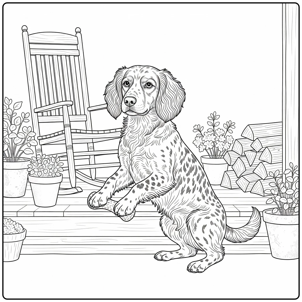 Brittany spaniel coloring page with dog on rustic farmhouse porch.