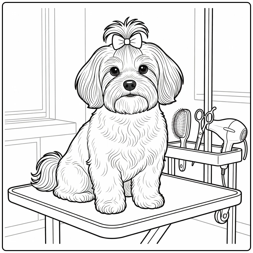 Proud Havanese coloring page with a bow in a grooming salon.