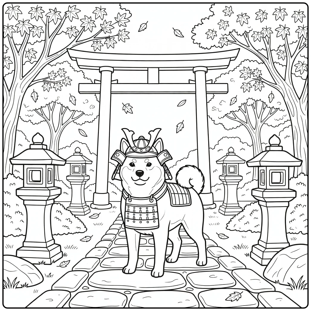 Shiba Inu samurai costume halloween dog coloring page in garden.