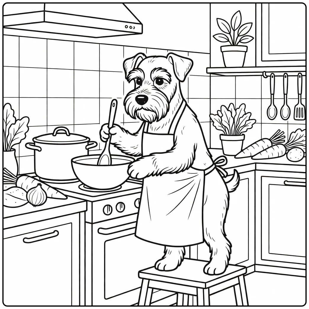 Chef schnauzer coloring page baking on a step stool.