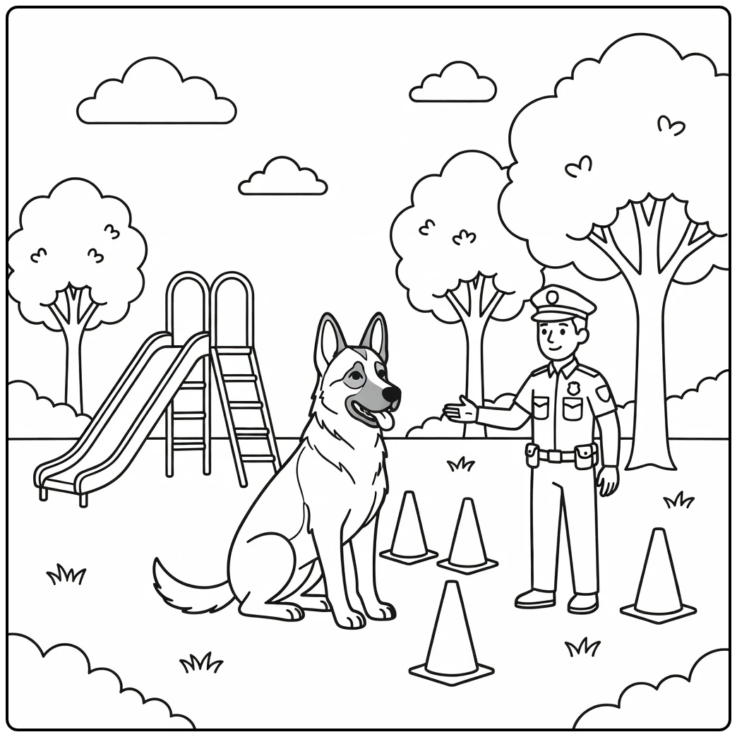 Police dog coloring page: K9 at a school safety demonstration.