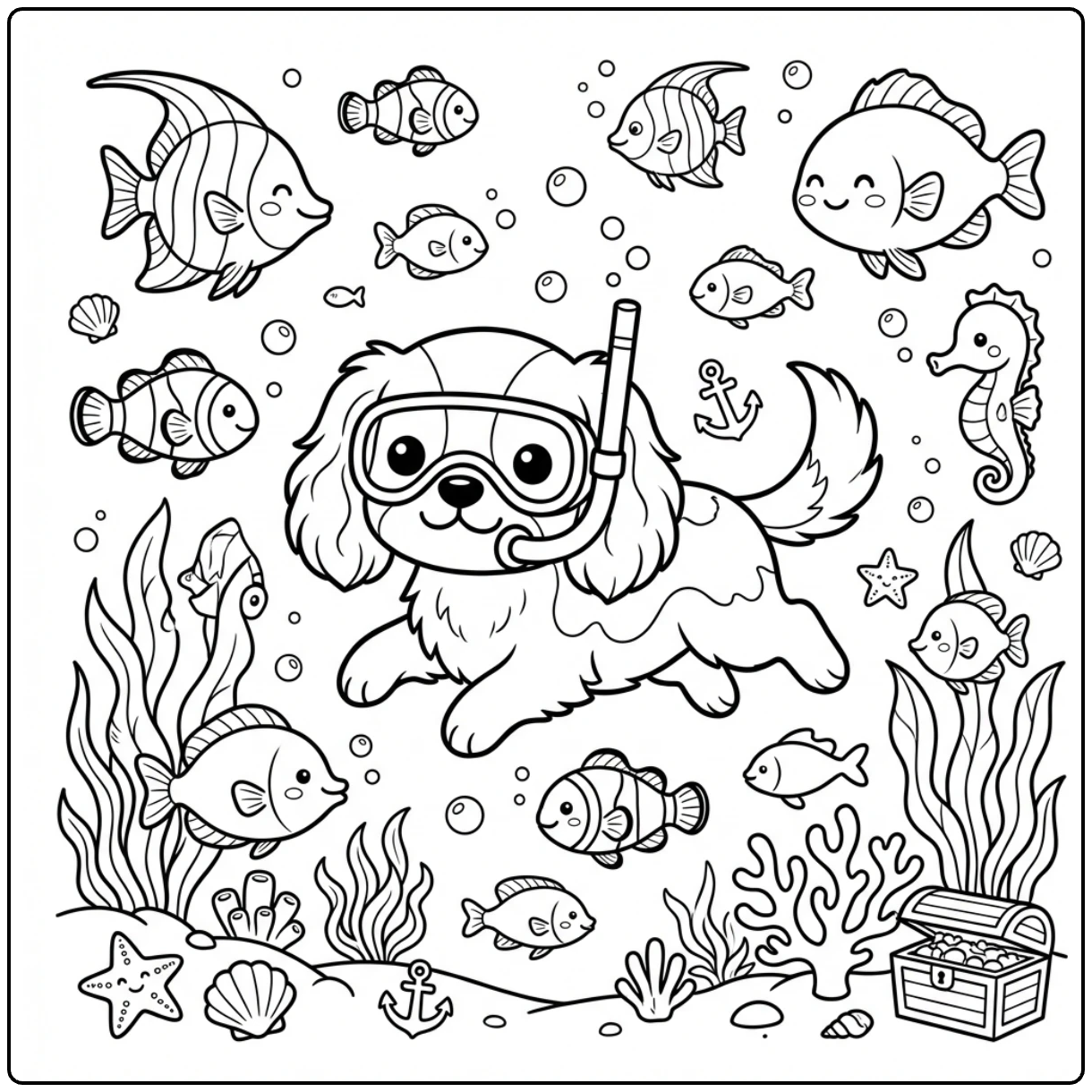 Cavalier King Charles Spaniel coloring page of scuba diving.