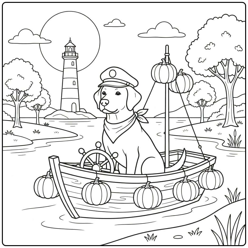 Captain Lab: a charming halloween dog coloring page at sea