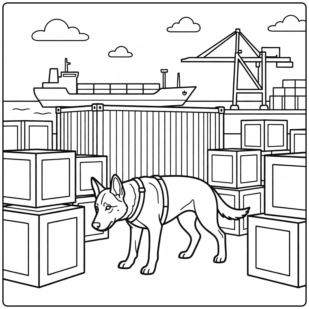 Police dog coloring page sniffing cargo at a busy seaport